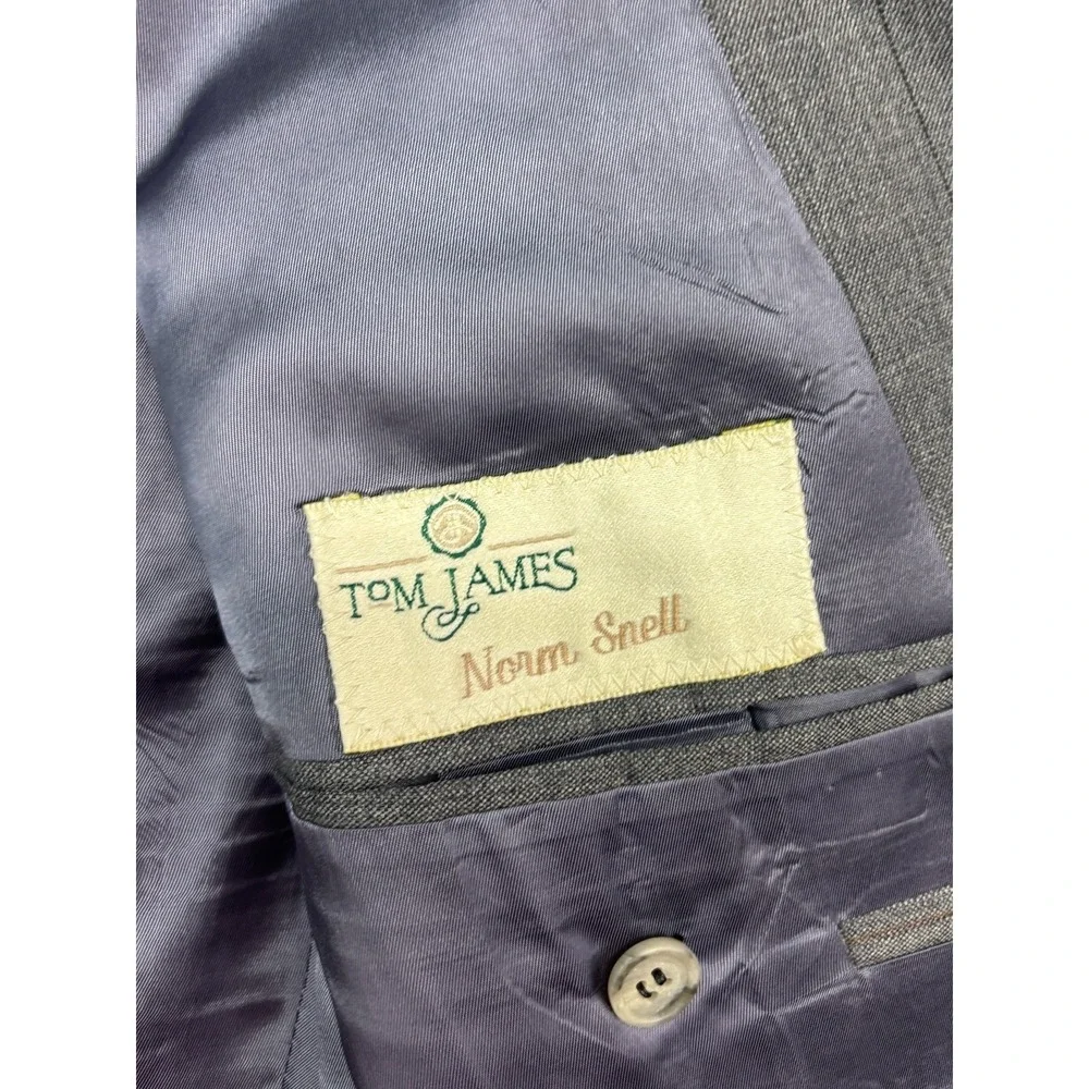 vtg 90s Tom James 46L 37x34 Gray Pinstripe 2pc Pant Suit Wool USA Pleated Cuffed